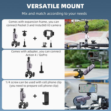 Coverzone Kamera Bisiklet ve Motosiklet Gidon Montaj, Alüminyum Alaşımlı Kelepçe, 360°, Insta360 ile uyumlu X5 X4 X3 Ace Pro Go 3S, DJI Osmo 2 Mobile 7P Action 5 Pro 4 3 ile Uyumlu, MM1, Gri