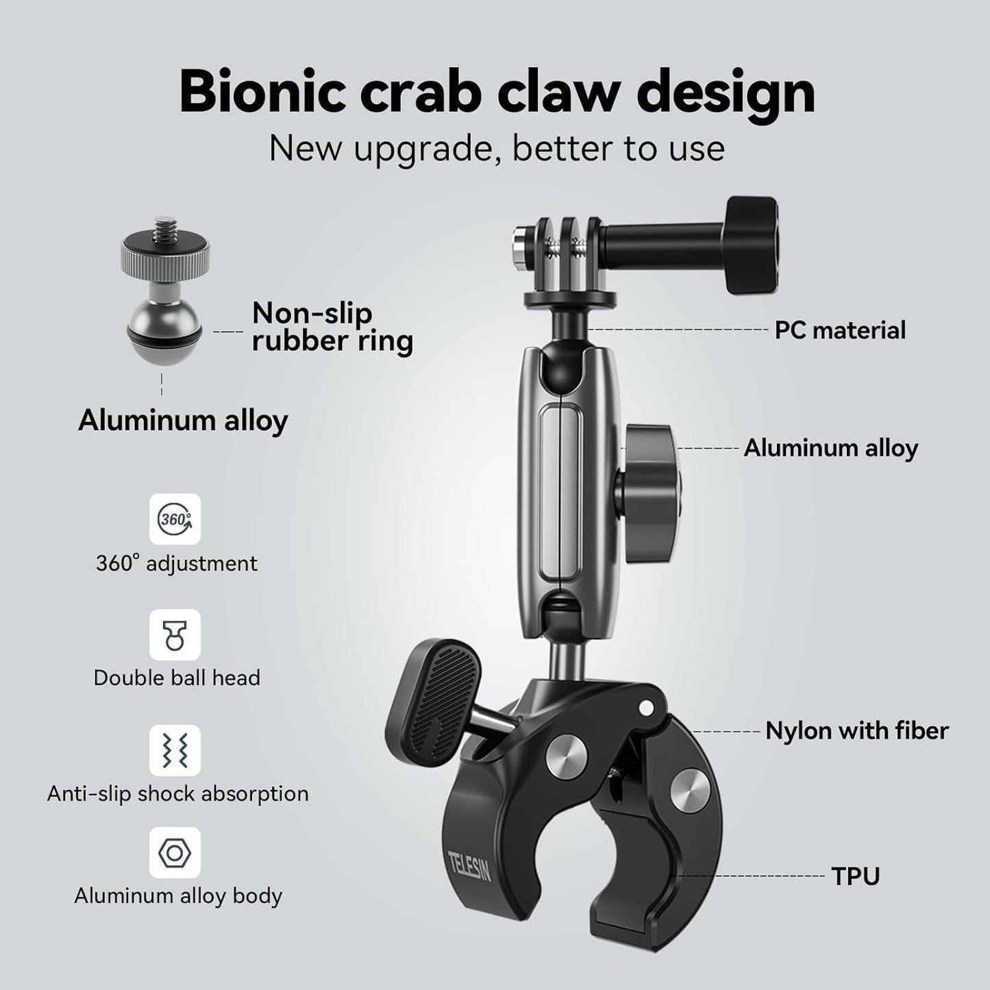 TELESIN Motosiklet Gidonu Bisiklet Montaj Kelepçeleri için GoPro Hero 13 12 11 10 9 DJI OSMO Action 5 Pro 4 3 Insta360,360° Çift Top Başlı Kelepçe Tutucu 1/4-20 mm Kamera ve Telefon için Adaptör