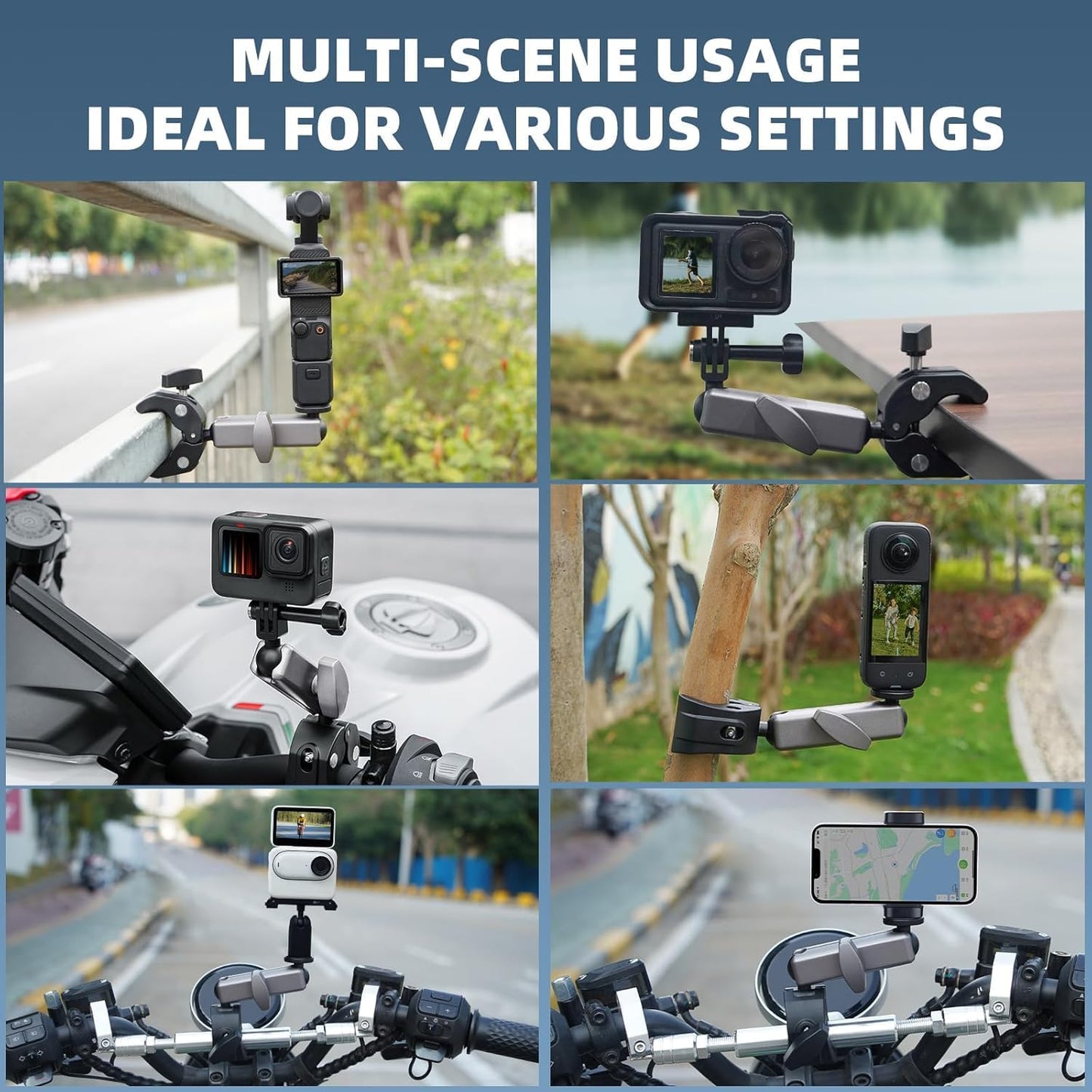 Coverzone Kamera Bisiklet ve Motosiklet Gidon Montaj, Alüminyum Alaşımlı Kelepçe, 360°, Insta360 ile uyumlu X5 X4 X3 Ace Pro Go 3S, DJI Osmo 2 Mobile 7P Action 5 Pro 4 3 ile Uyumlu, MM1, Gri