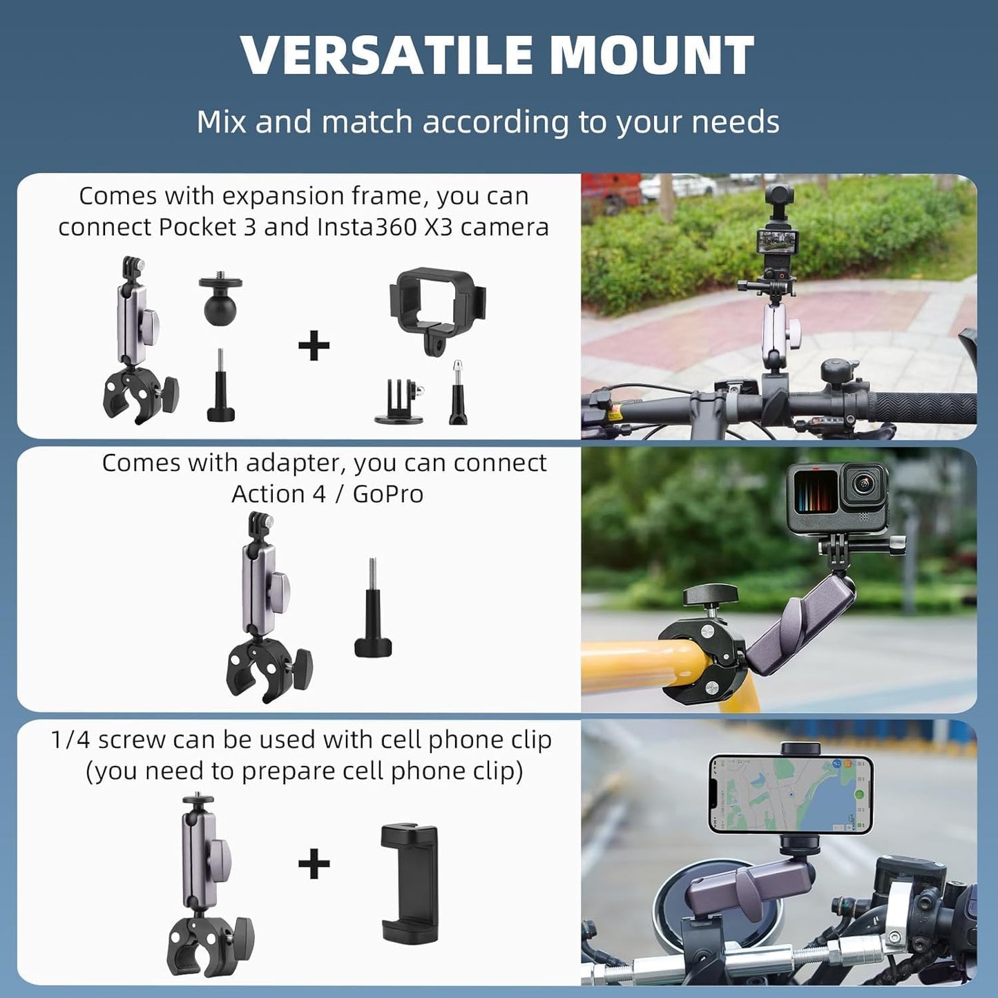 Coverzone Kamera Bisiklet ve Motosiklet Gidon Montaj, Alüminyum Alaşımlı Kelepçe, 360°, Insta360 ile uyumlu X5 X4 X3 Ace Pro Go 3S, DJI Osmo 2 Mobile 7P Action 5 Pro 4 3 ile Uyumlu, MM1, Gri