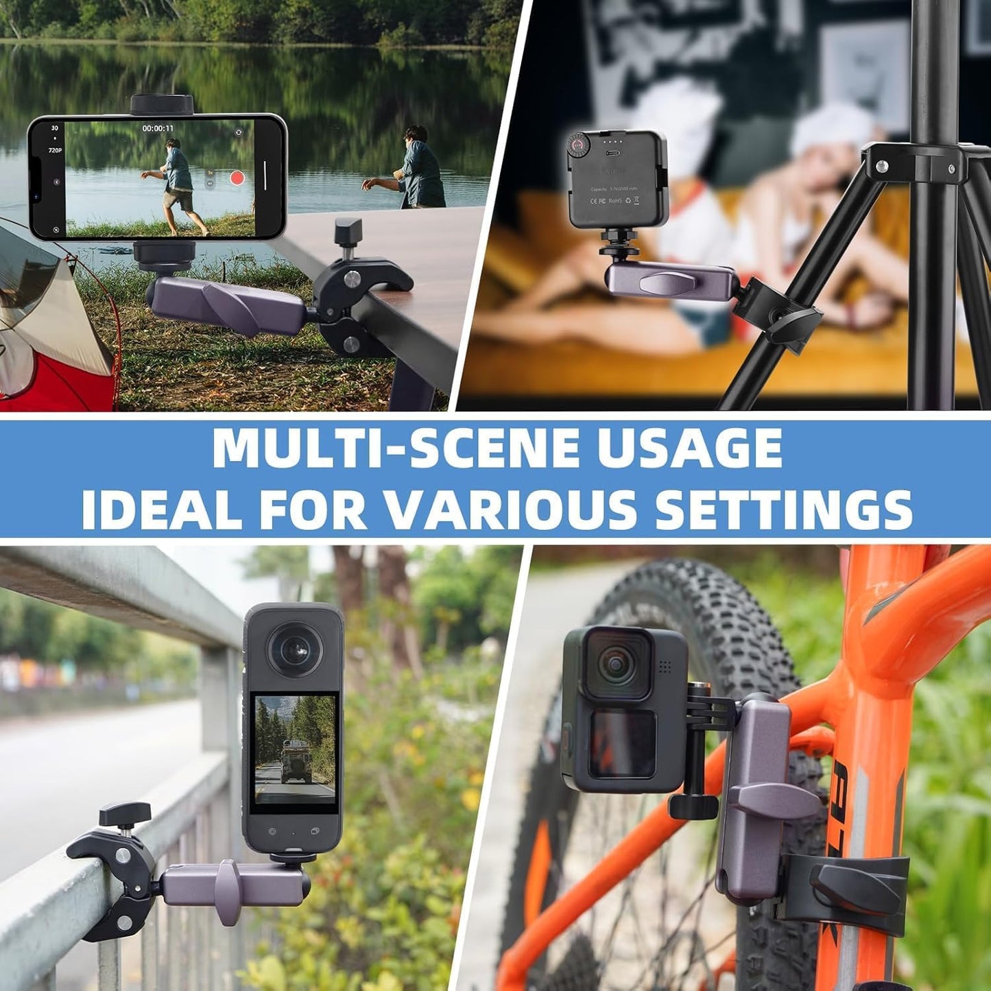 Coverzone Kamera Bisiklet ve Motosiklet Gidon Montaj, Alüminyum Alaşımlı Kelepçe, 360°, Insta360 ile uyumlu X5 X4 X3 Ace Pro Go 3S, DJI Osmo 2 Mobile 7P Action 5 Pro 4 3 ile Uyumlu, MM1, Gri